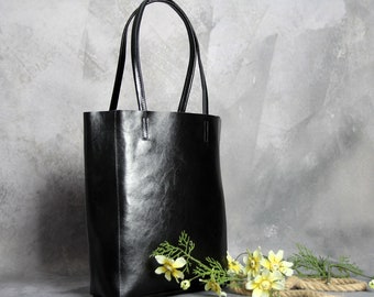 Minimalistic Black Glossy Purse - Leather Tote - Shoulder Bag - Handmade Leather Tote Bag - Large Leather Bag - Work bag for laptop for mum