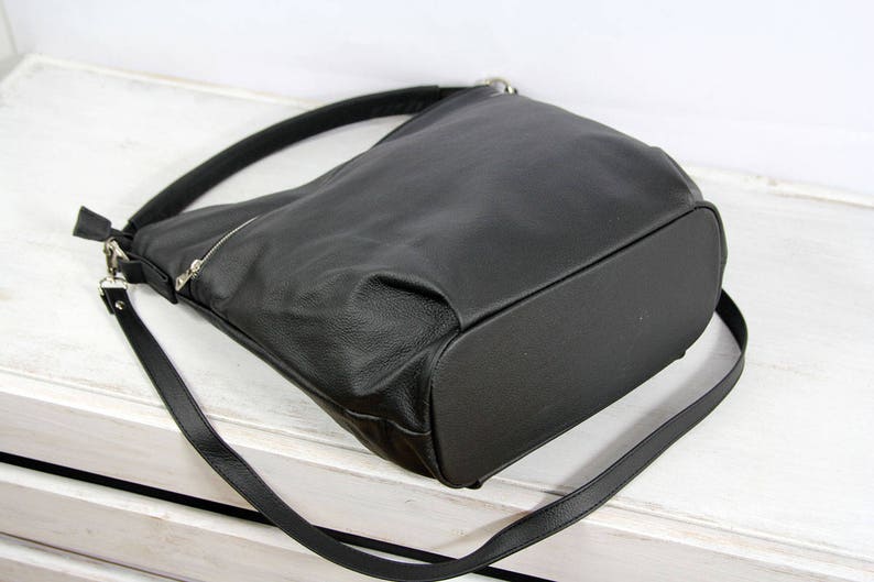 Black Everyday Crossbody Bag Soft Leather Black Bag, Hobo Bag with Pocket Pocket on the Front, Shoulder casual durable bag, work bag image 6