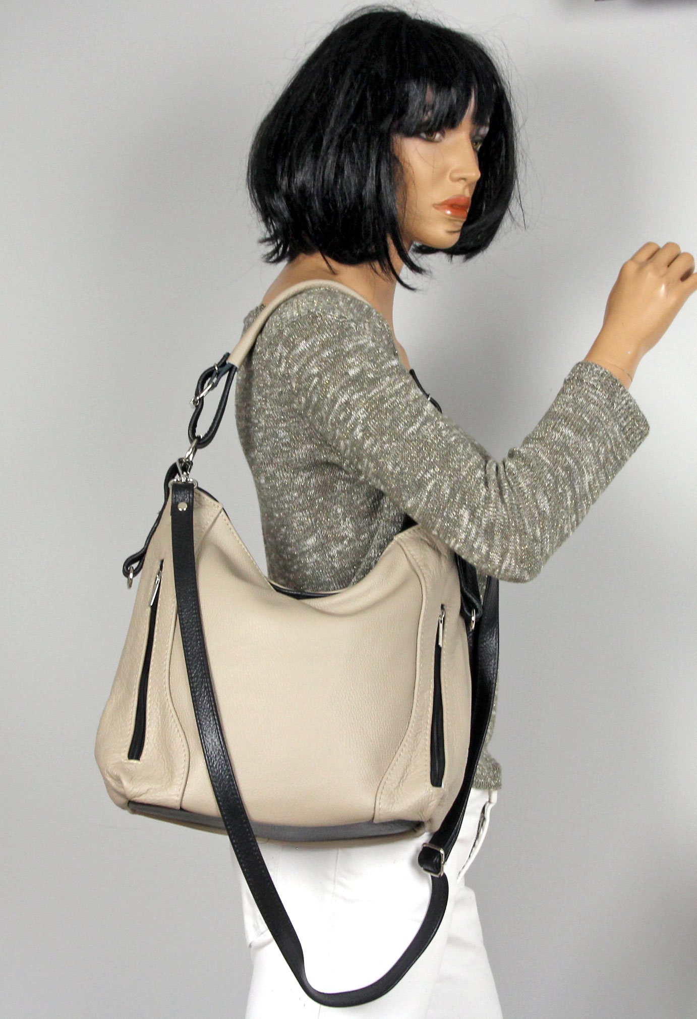 Light Beige Handbag on a Frame With Black Inserts Leather Hobo