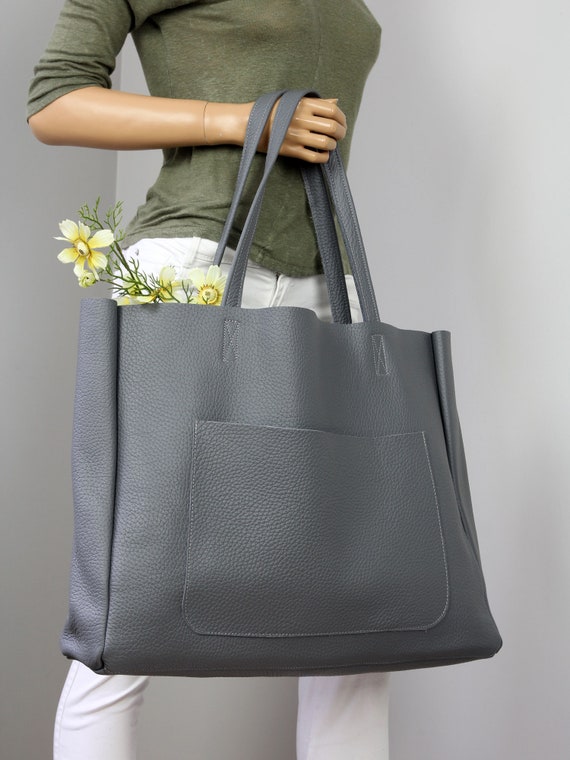 Large Simple Tote Bag Gray Oversized Leather Shopper for