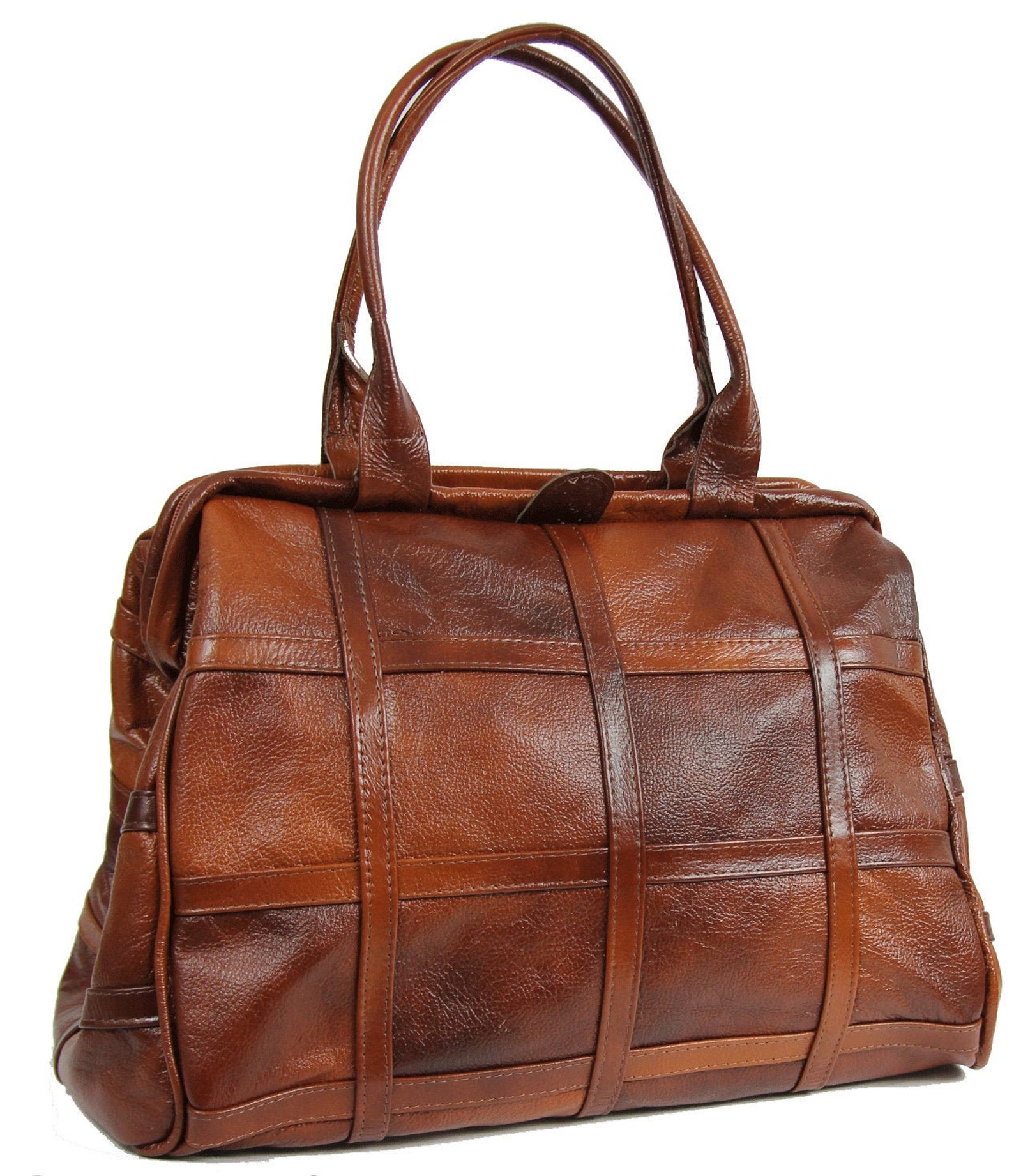 Full Grain Leather Duffle Bag Cognac Bown Leather Handbag Etsy