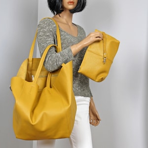 Grand sac en cuir pour femme, sac surdimensionné jaune, cadeau en cuir pleine fleur pour elle, sac cabas de tous les jours et de week-end