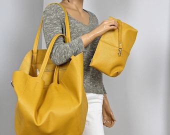 Womens large leather bag, Yellow oversized bag, Full Grain Leather gift for her, Everyday and weekender shopper bag