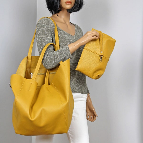 Grand sac en cuir pour femme, sac surdimensionné jaune, cadeau en cuir pleine fleur pour elle, sac shopper de tous les jours et week-end