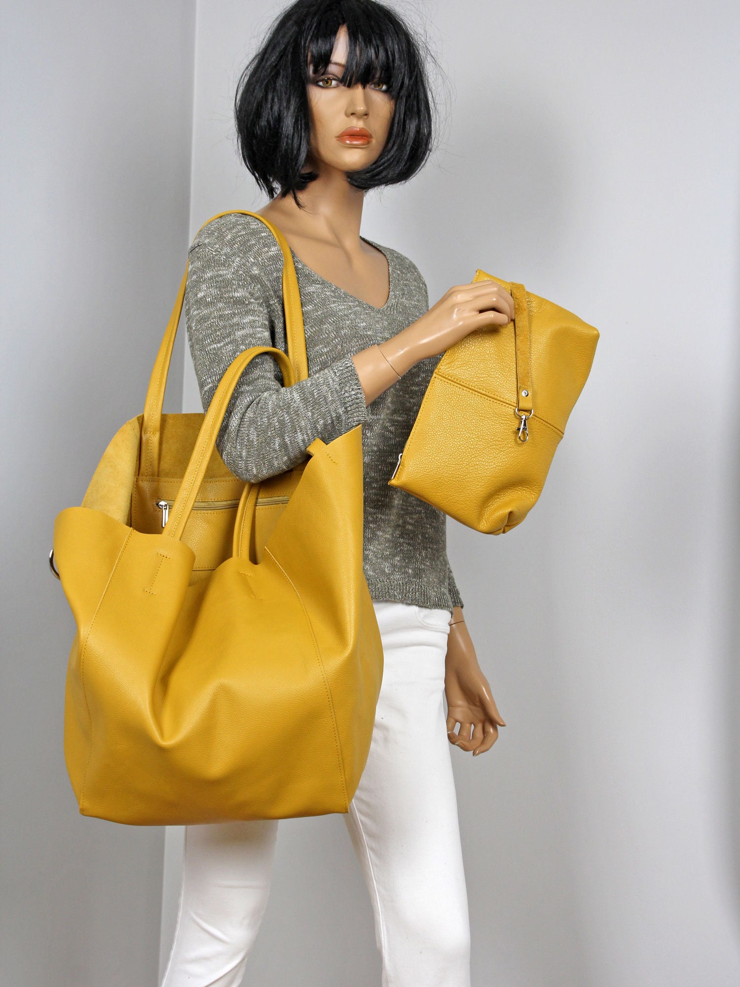 Yellow Genuine Leather Large Tote Bag for Travel