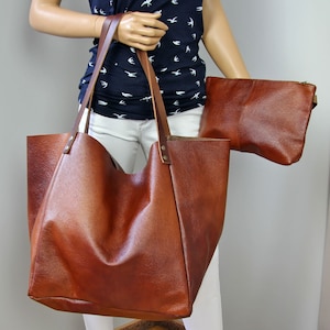 Große Leder Tragetasche, Cognac Braun große Ledertasche, Leder Geldbörse, Große Ledertasche, Große Ledertasche, Frauen Einkaufstasche.