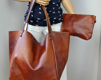 Large Cognac Brown Leather Tote Bag: Women's Carryall Purse