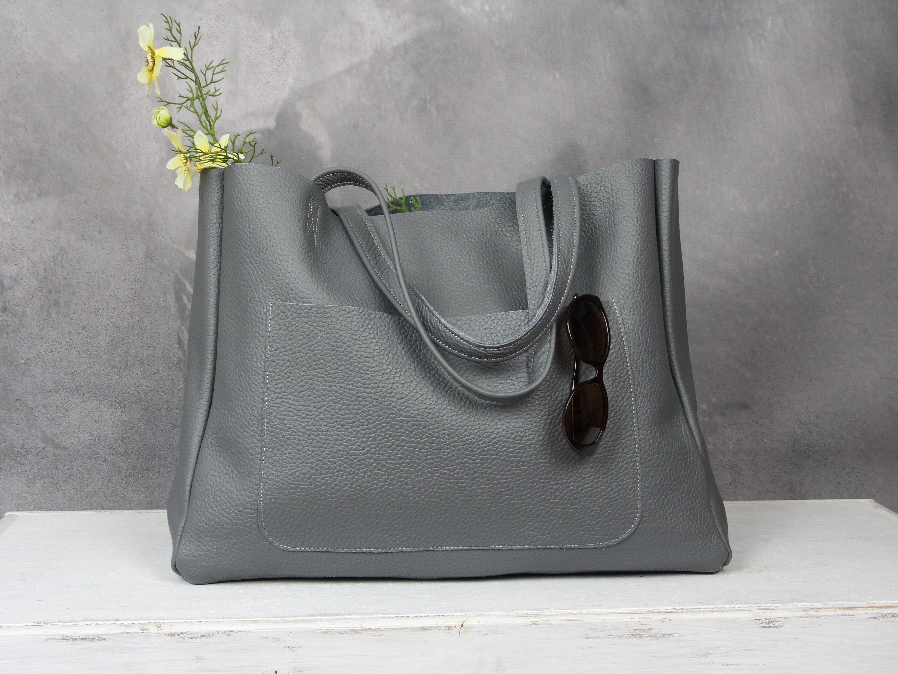 Large Simple Tote Bag Gray Oversized Leather Shopper for Books