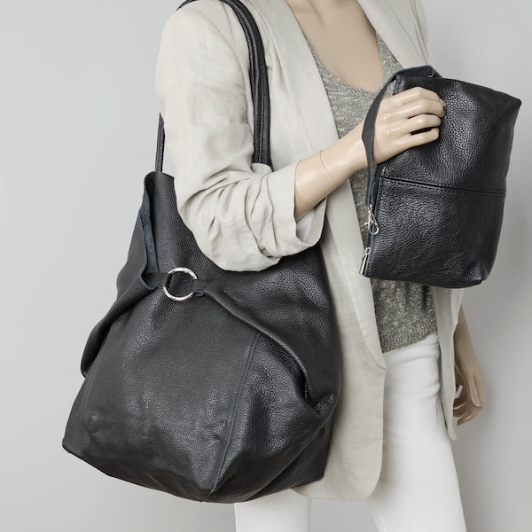 Handmade Black Full Grain Leather Oversized Tote Bag: Everyday Slouchy Bag (24x16)