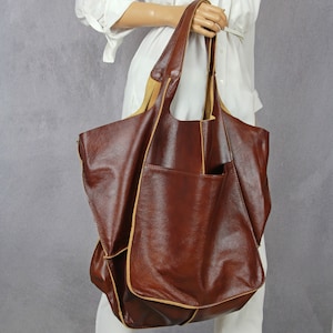 Soft bronze leather women bag, Big leather tote bag, Everyday handbag, Weekender oversized bag, Soft handmade diaper bag, Big Bag Trend
