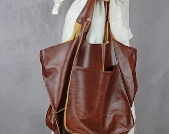 Soft Bronze Leather Tote Bag: Oversized Weekender, Handmade Diaper Bag