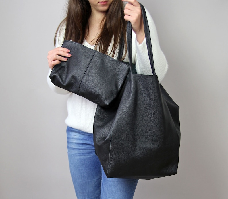New Extra Large Work Tote Bag Leather Black Shopper Bag - Etsy