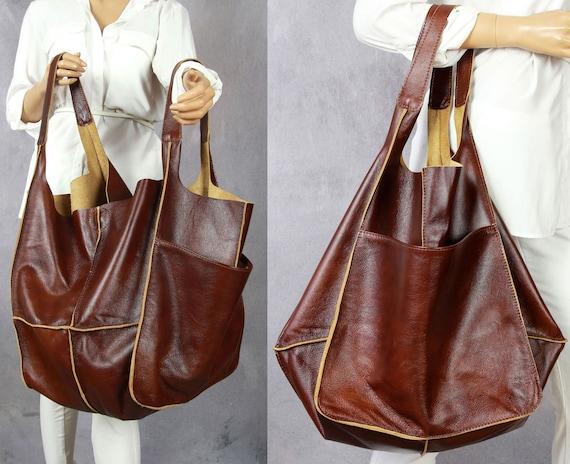 Large Leather Hobo Handbags Purse Shoulder Strap Vintage Bucket Bag Brown  Women