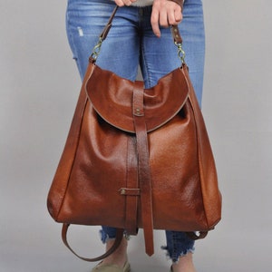 BROWN LEATHER BACKPACK Large Crossbody Bag, Leather convertible bag, Cognac Leather Travel Bag Cognac Weekender Women's handbag Leather bag