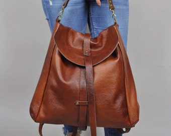 BROWN LEATHER BACKPACK Large Crossbody Bag, Leather convertible bag, Cognac Leather Travel Bag Cognac Weekender Women's handbag Leather bag