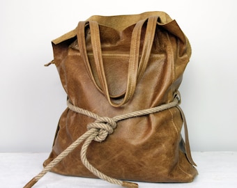 Oversized Distressed Leather Tote Bag: Slouchy Everyday Shopper