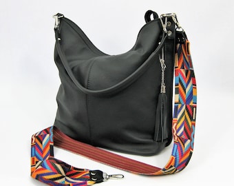 Sac à main en cuir noir avec une ceinture colorée, sac Hobo noir, sac à bandoulière en cuir noir, sac à bandoulière, sangle aztèque