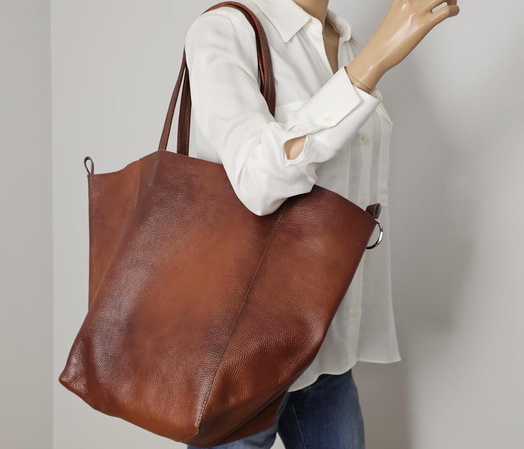 Cognac Brown Leather Tote Bag: Oversized Everyday Carryall