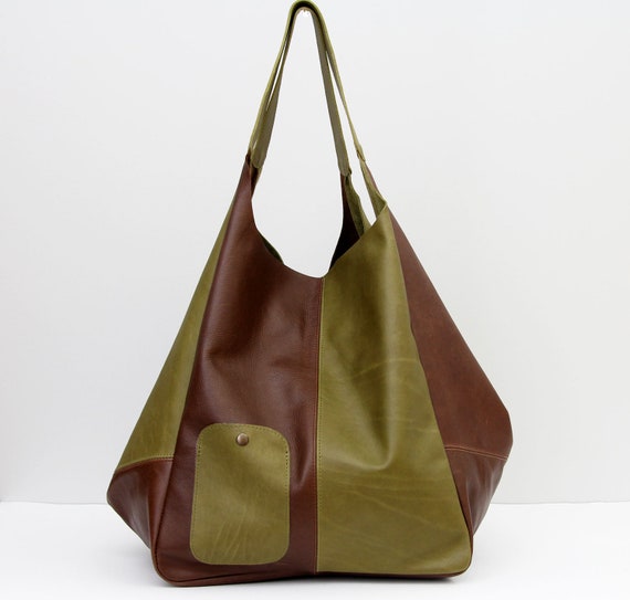 Oversize leather bag Green and brown oversized shoulder bag | Etsy