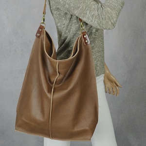 Light Brown Leather Hobo  Bag With Zipper - Everyday shoulder bag - Vertical Hobo bag -Work and travel leather bag - limited edition