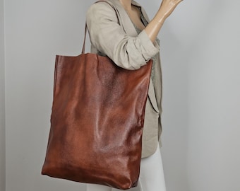Oversized Cognac Brown Leather Tote Bag: Large Shopper