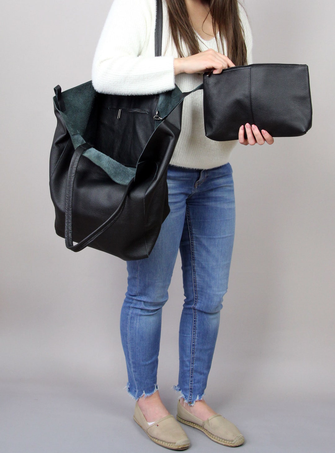 New Extra Large Work Tote Bag, Leather Black Shopper Bag, Everyday