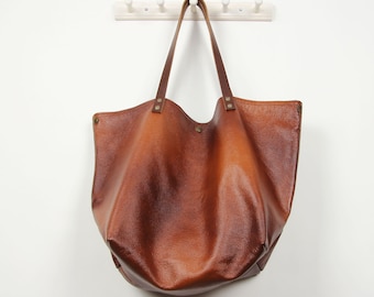 Limited Edition cognacbruine leren draagtas: oversized alledaagse shopper