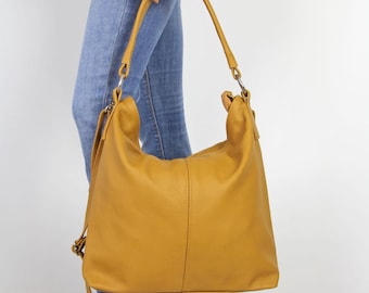 Bolsa Hobo Artesanal em Couro Amarelo, Bolsa Grande Transversal para Ombro