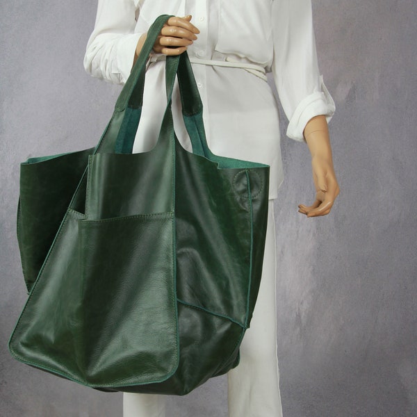 Green extra large slouchy bag, Huge leather bag, Oversized shoulder bag for gift, Green weekender handbag for women, Bestseller green bag