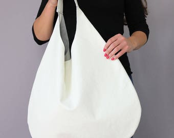 White Leather Hobo Bag, Oversized Shoulder Bag