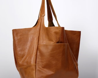 Bolso grande de piel color canela: bolso de mano extragrande