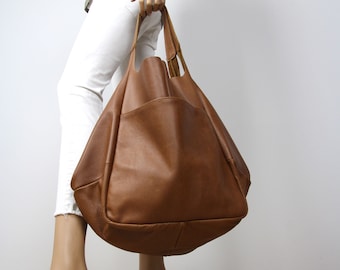 ★OVHEE★ Move Shopper Bag Brown Front Pocket Large Leather Tote 21”x 13”, Oversized Leather