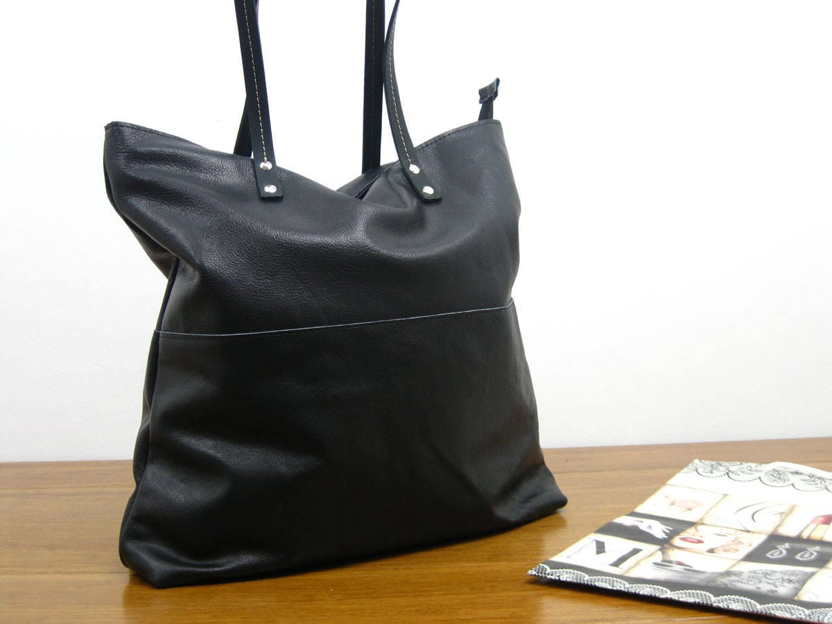 Handmade Black Leather Tote Bag, Zippered Work Bag - Etsy