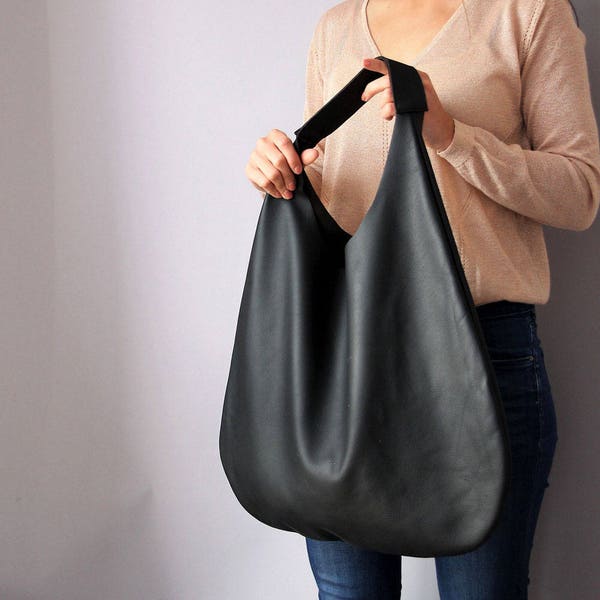 Black Leather Hobo Bag, Oversized Slouchy Shoulder Bag