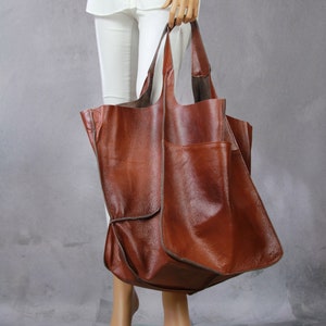 Bolso shopper de gran tamaño de piel suave Bolso de piel muy grande Bolso tote de gran tamaño Bolso tote de piel color coñac con bolsillo Bolso tote de gran tamaño