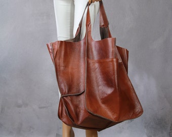Oversized shopper bag soft leather Very large leather bag Oversized  tote bag Cognac leather tote handbag with pocket Oversized tote bag