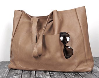 Soft Leather Tote Bag: Camel Oversized Weekender, Full Grain Leather