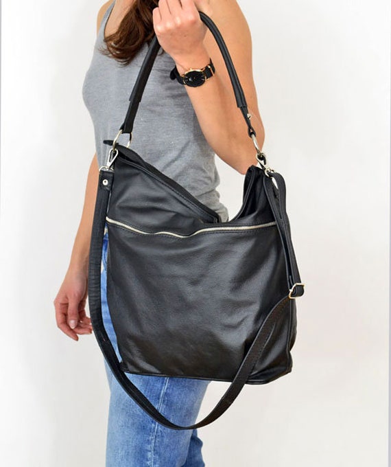 Black Leather Hobo Bag - Slouchy Leather Purse For Women