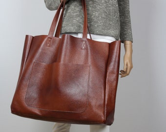Handmade Cognac Brown Leather Tote Bag: Oversized Soft Cowhide Shoulder Bag