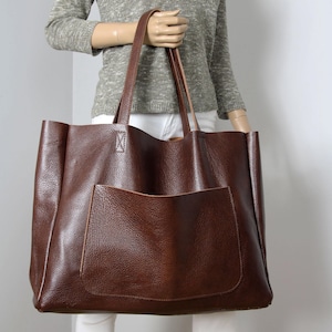 Bolso grande de mano de piel flor color marrón chocolate, bolso shopper extragrande de piel para libros, bolso grande de fin de semana, bolso de diario para mujer