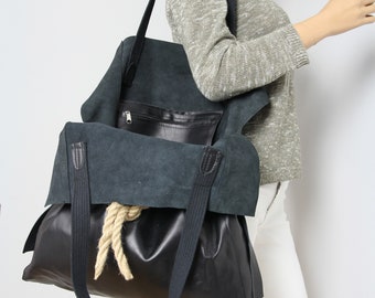 Black Leather Oversized Tote Bag: Slouchy Shopper Handbag