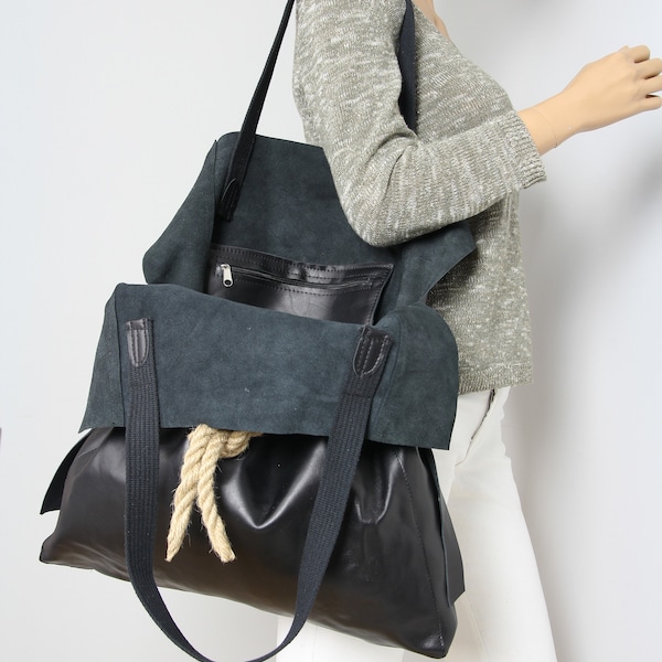 Black Leather Tote Bag Large shopping bag Slouhy shopper bag Shopper Bag Everyday handbag for women Oversize tote bag Limited Edition
