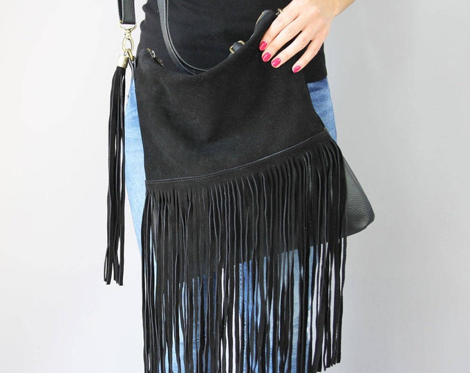 Suede Fringe Purse Bohemian Fringe Bag With Zipper Black Etsy