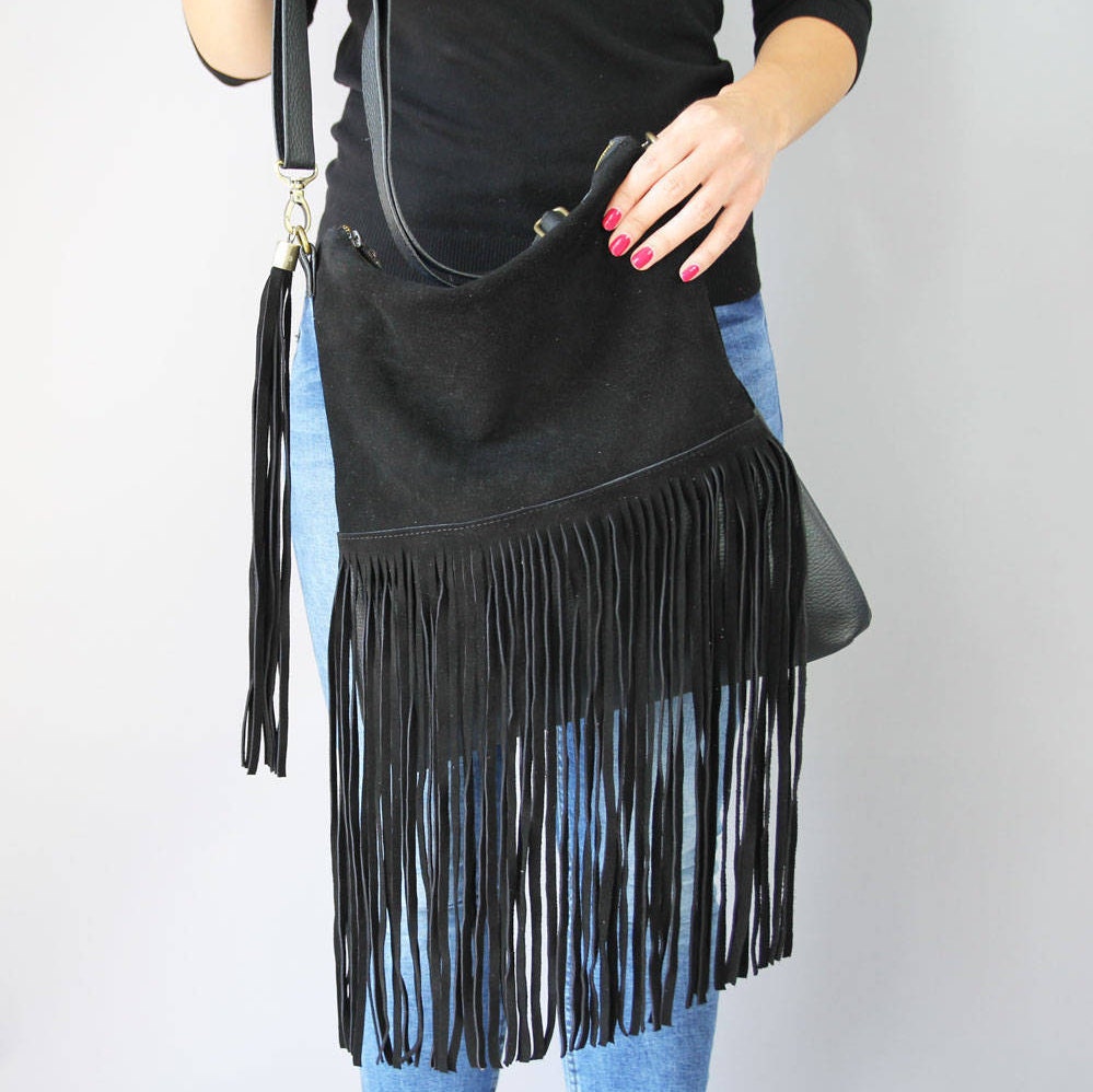 Boho Black Leather Fringe Crossbody Purse