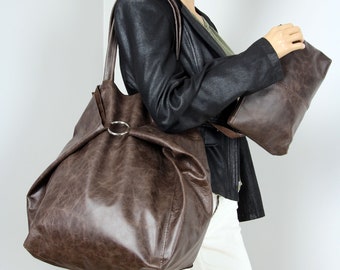 Dark brown shoulder bag with cosmetic bag, Oversized weekender bag,Brown Leather Purse, Everyday shopper bag, Large tote valentines bag