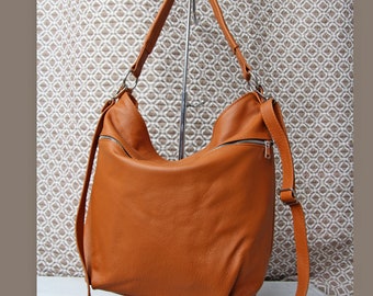 Dark Orange Leather Hobo Bag: Everyday Crossbody with Zipper Pocket
