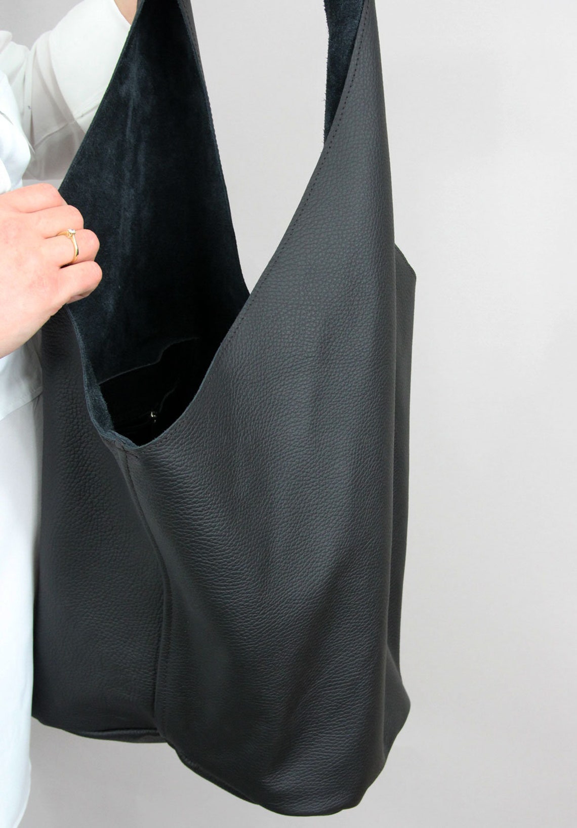 Black leather hippie bag Bag shoulder and cross body Hobo | Etsy