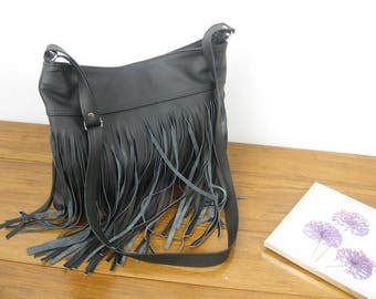 Boho bag, Leather Hobo Bag, Black Leather Shoulder Bag, Boho Fringe Bag,Fringe bag, Black Fringe Hobo Bag, Leather Fringe Bag