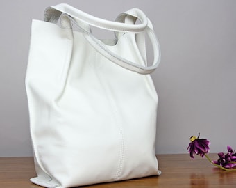 White leather tote bag -Leather shopper bag- Tote bag with full grain leather - Large everyday handbag -macbook handmade bag- christmas gift