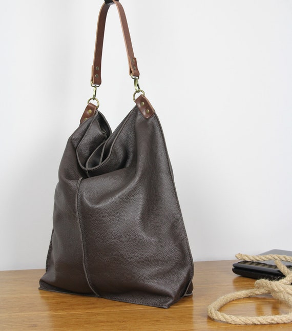 BROWN LEATHER HOBO Bag Oversize Shoulder Bag Everyday 